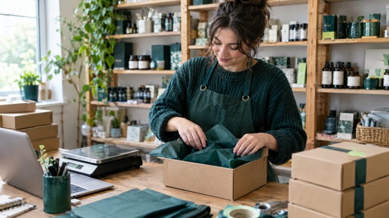 A small online store owner packing orders into kraft boxes with deep green tissue paper and labels, shipping scale and laptop on the workbench