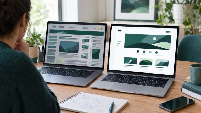 A designer comparing an outdated cluttered website and a clean modern redesign on two laptop screens side by side, both abstract and unreadable