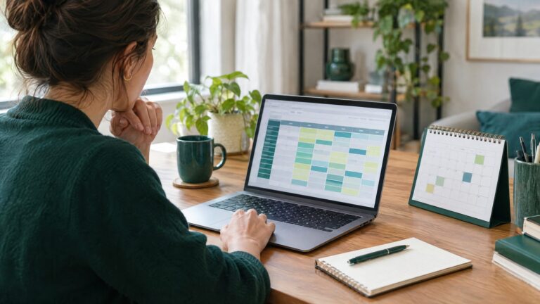 A business owner planning next year's marketing budget at a desk with a laptop spreadsheet of abstract colored cells, a calendar and a green pen