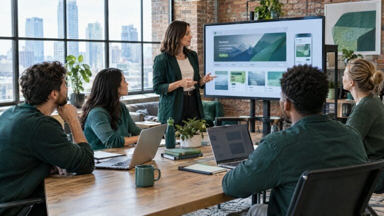 A business owner meeting a web development team in a modern loft office with a city skyline in the window, abstract site designs on a screen