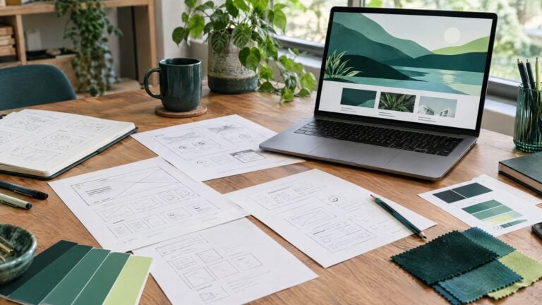 A website design process on a studio table: paper sketches, wireframes, color swatches in deep green and teal, and a laptop showing an abstract finish