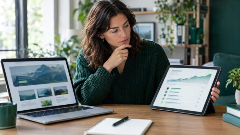 A business owner at a crossroads-like decision moment at a desk, laptop showing an abstract website on one side and a search ranking chart on a tablet
