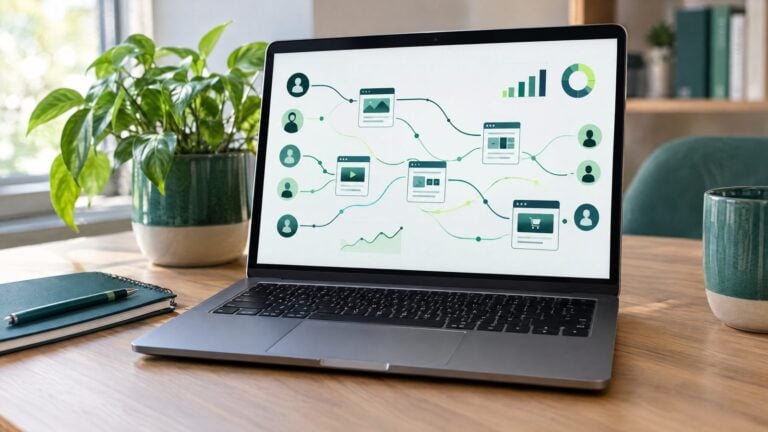 Abstract but photoreal: a laptop on a desk showing a website analytics view with visitor journey lines and anonymous visitor icons, soft office light