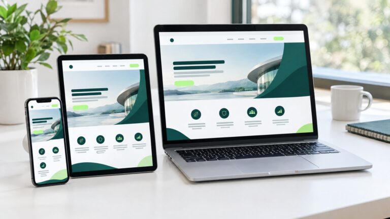 A smartphone, tablet and laptop arranged on a desk all showing the same clean, modern abstract service business website in white and deep green