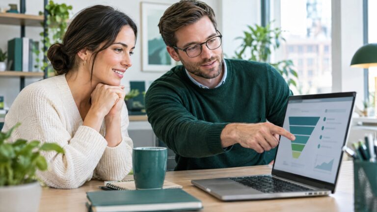 A business owner looking puzzled but hopeful at website analytics on a laptop, abstract funnel chart, a consultant pointing at the screen