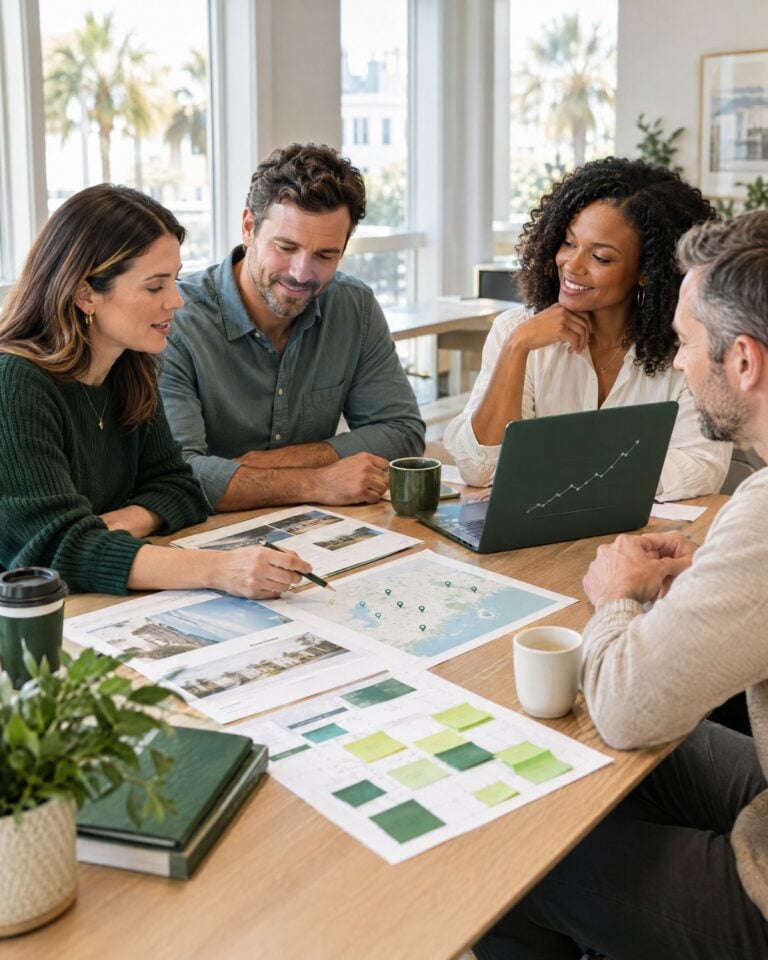 Business owners planning their organic marketing around a table with a content calendar, local map and website layouts