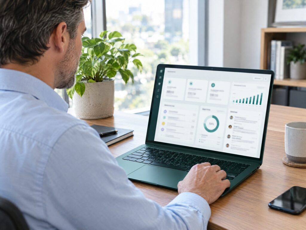 Business owner viewing his client portal dashboard on a green laptop
