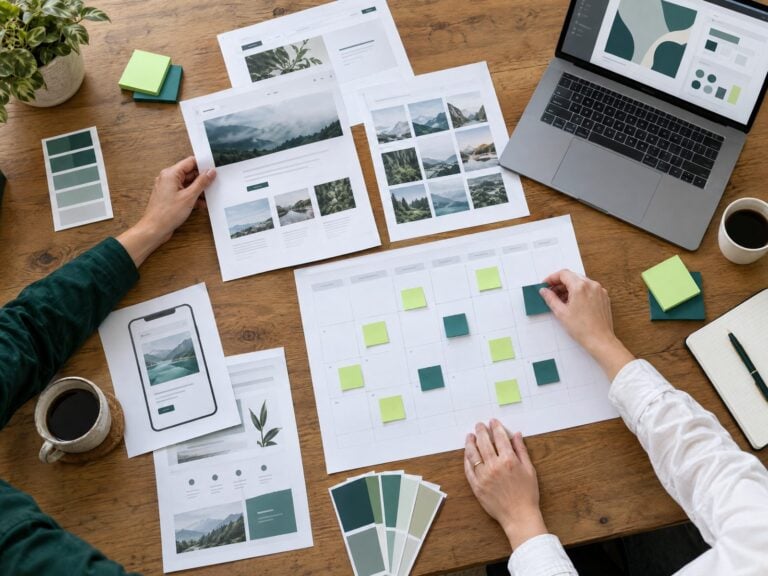 Team members arranging website layouts and a content calendar on a worktable