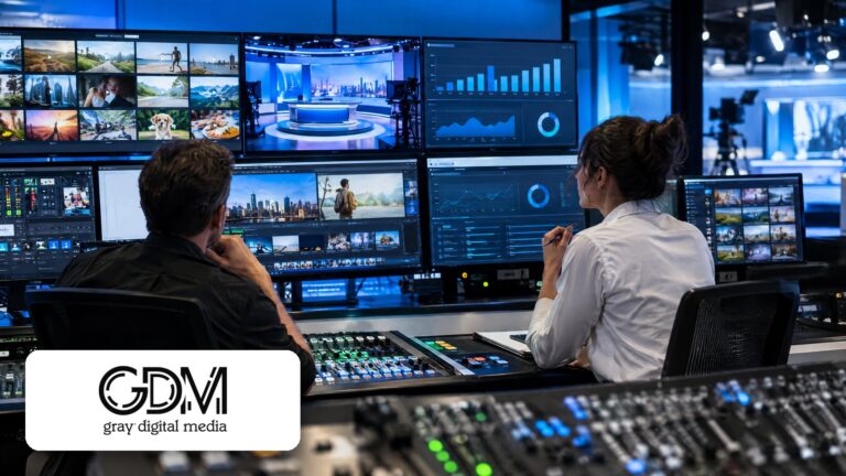 Broadcast and digital advertising control room with the Gray Digital Media logo