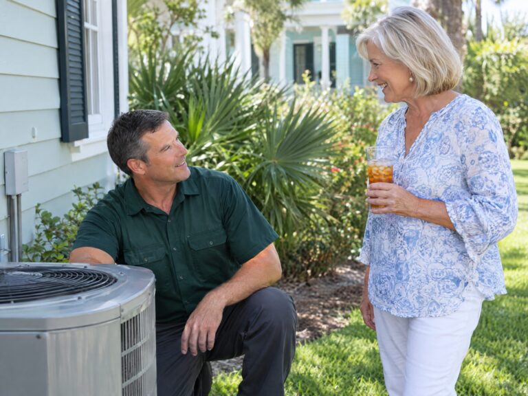 HVAC technician in a green shirt talking with a homeowner beside an outdoor unit