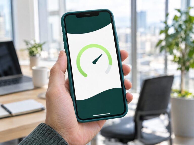 Phone showing a fast-loading website with a green speed gauge