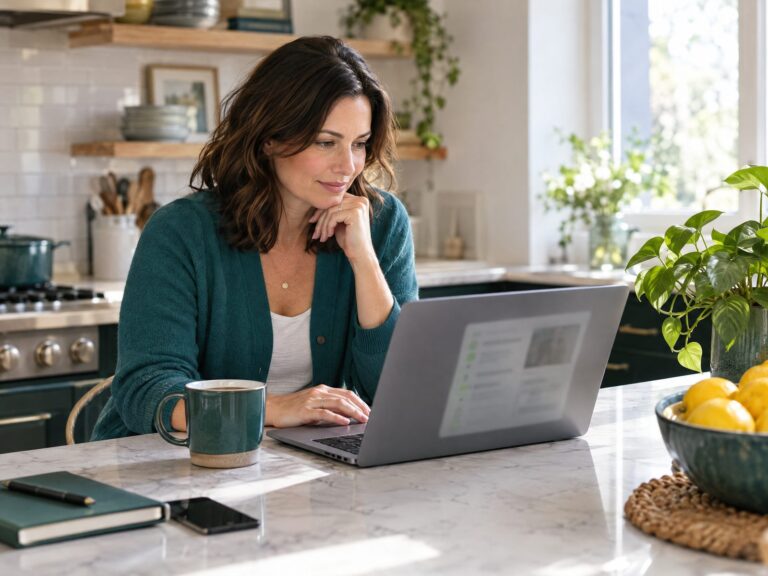 Business owner reading an article on a laptop at her kitchen island