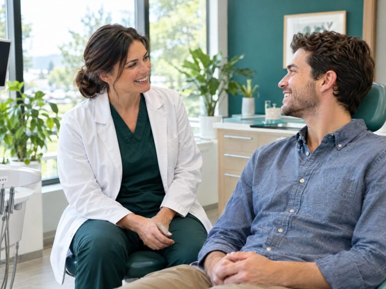 Dentist in green scrubs chatting with a smiling patient in a bright dental office