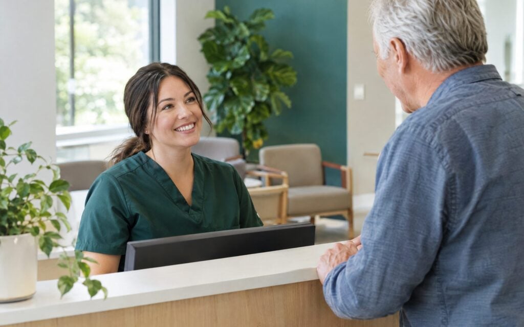 Smiling receptionist in green scrubs greeting a patient at a medical practice front desk