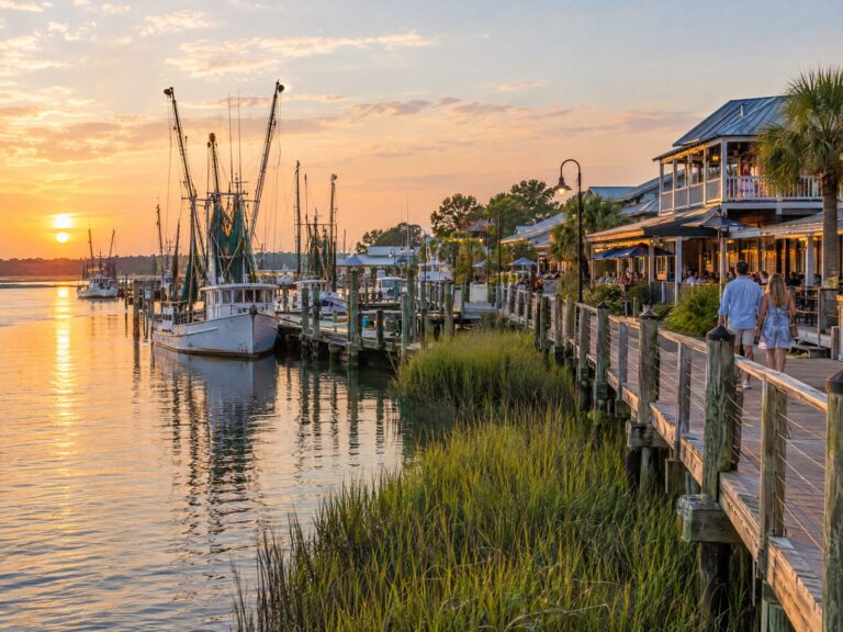 Shem Creek in Mount Pleasant at golden hour with shrimp boats