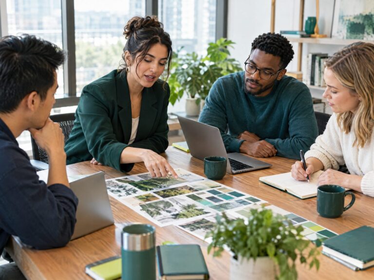 Professionals collaborating around a conference table with a brand mood board