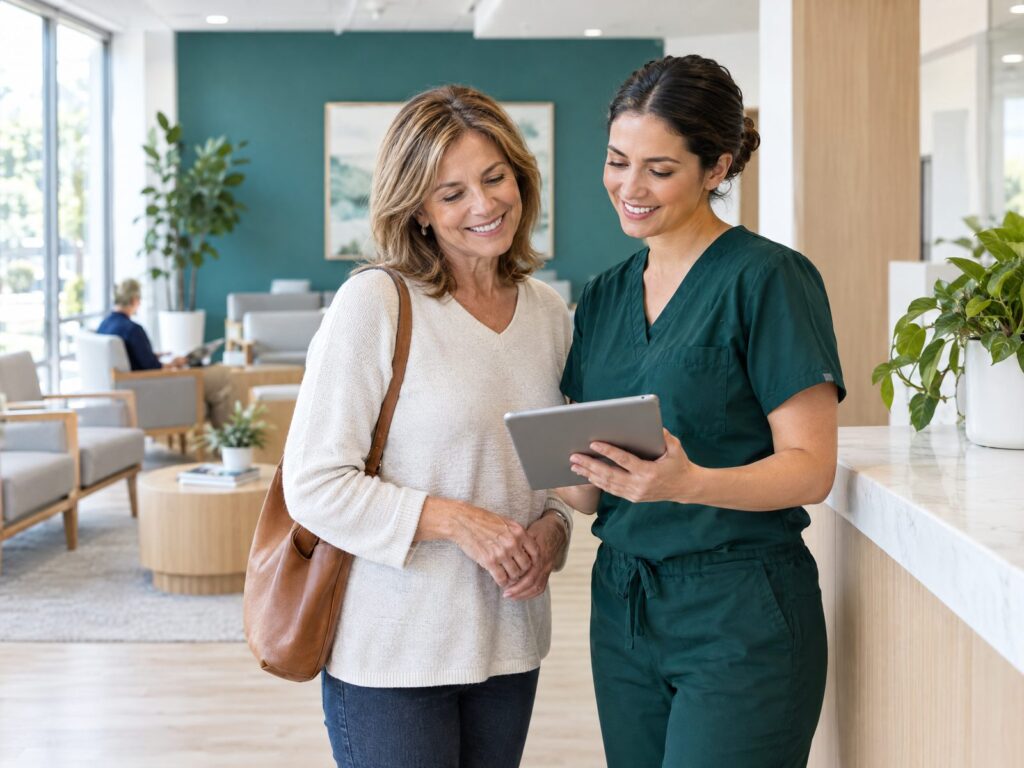 Patient checking in at a bright medical imaging clinic