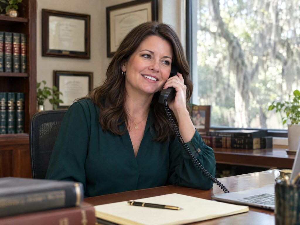 Attorney in a green blouse on the phone in a warm law office