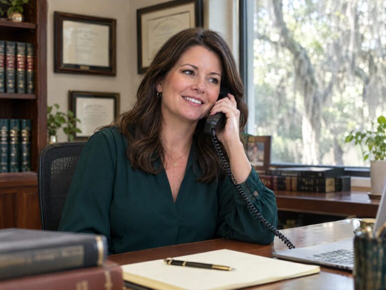 Attorney in a green blouse on the phone in a warm law office