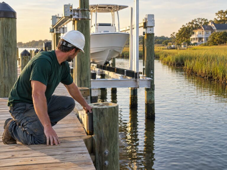 Marine contractor inspecting a new dock and boat lift on a tidal creek