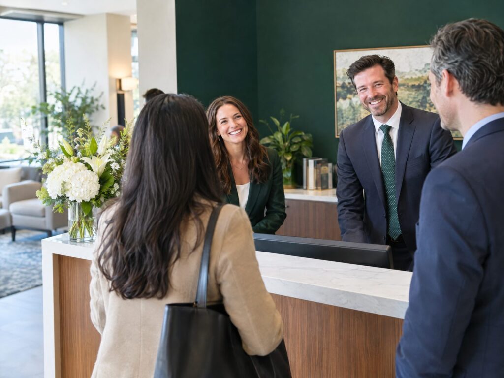 Attorneys greeting visitors at their new law office