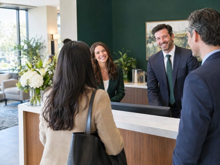 Attorneys greeting visitors at their new law office
