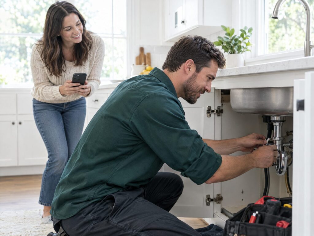 Plumber in a green shirt fixing a kitchen sink for a homeowner