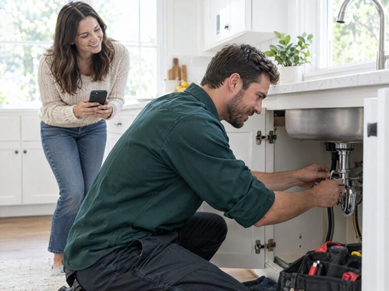 Plumber in a green shirt fixing a kitchen sink for a homeowner