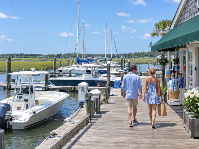 Sunny South Carolina marina with boats and a dock store