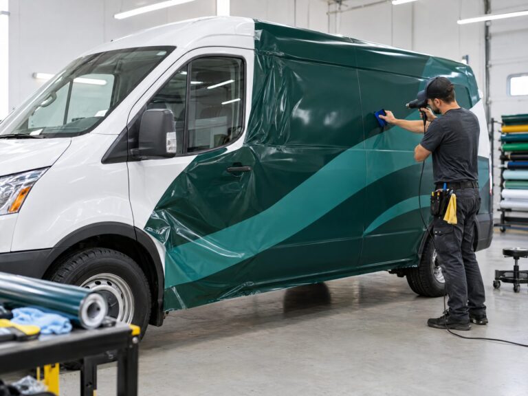 Installer applying a green and teal wrap to a work van