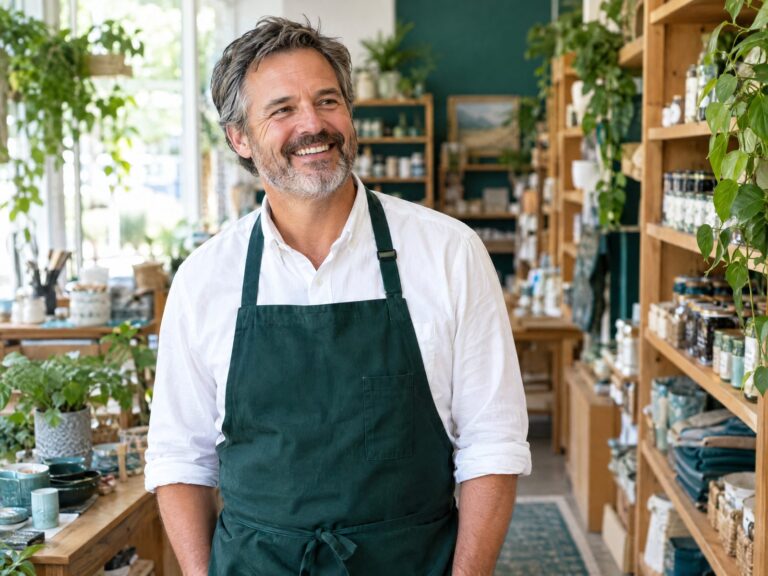 Smiling small business owner in a green apron inside his shop