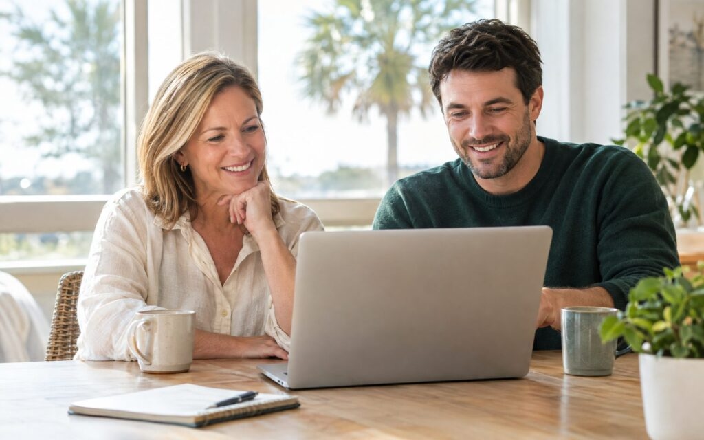 Business owner reviewing SEO results on a laptop with a CORE Team consultant