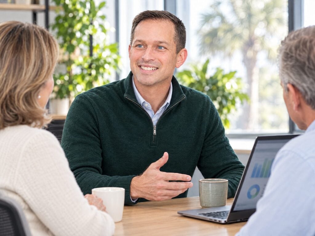 Stephen Sovenyhazy explaining a growth plan to two clients at a conference table
