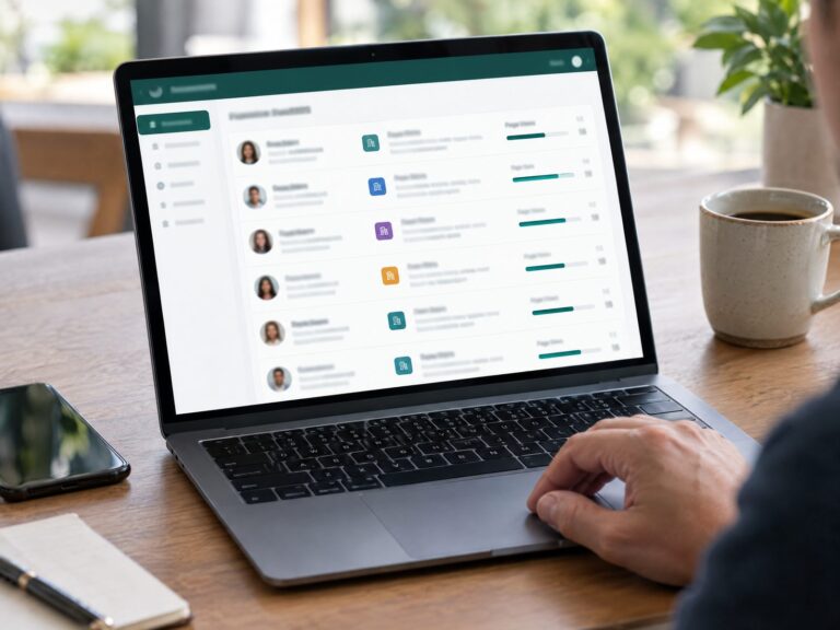 Laptop showing a list of identified website visitors with pages viewed