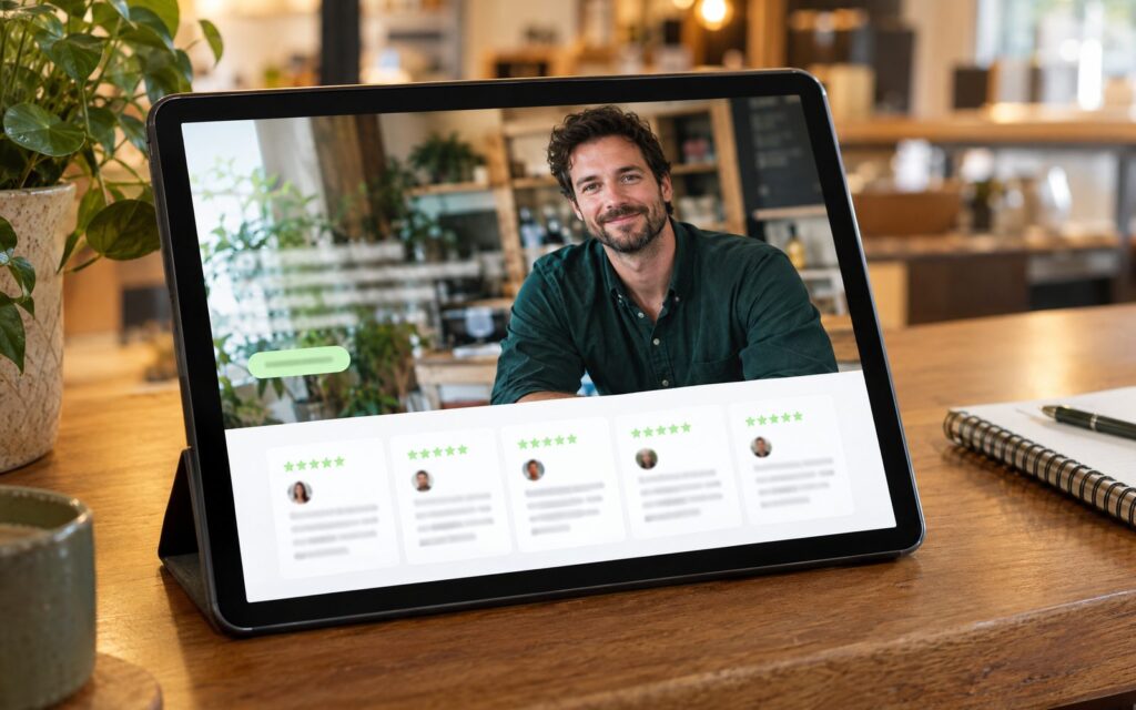 Tablet showing a homepage with the owner's photo and five-star reviews