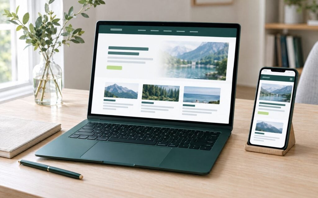 Finished business website shown on a green laptop and a smartphone