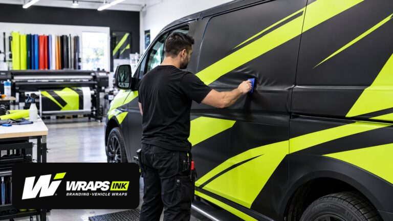 Installer wrapping a black and lime work van, with the Wraps Ink logo